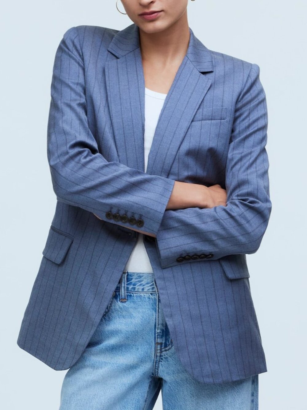 MADEWELL 14 Dark Mediterranean Single-Breasted Blazer in Yarn-Dyed Pinstripe